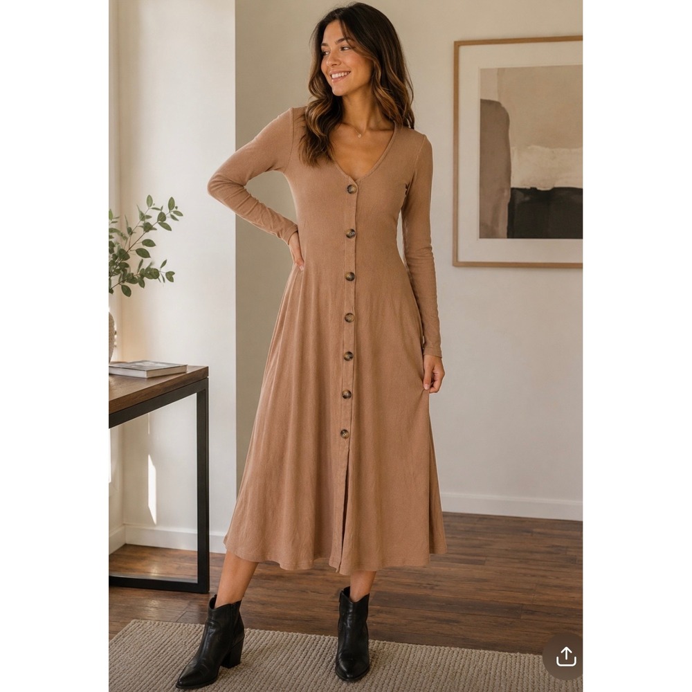 Elodie Ribbed Knit Button Down Midi Dress Tan Brown V-Neck Long Sleeve Medium